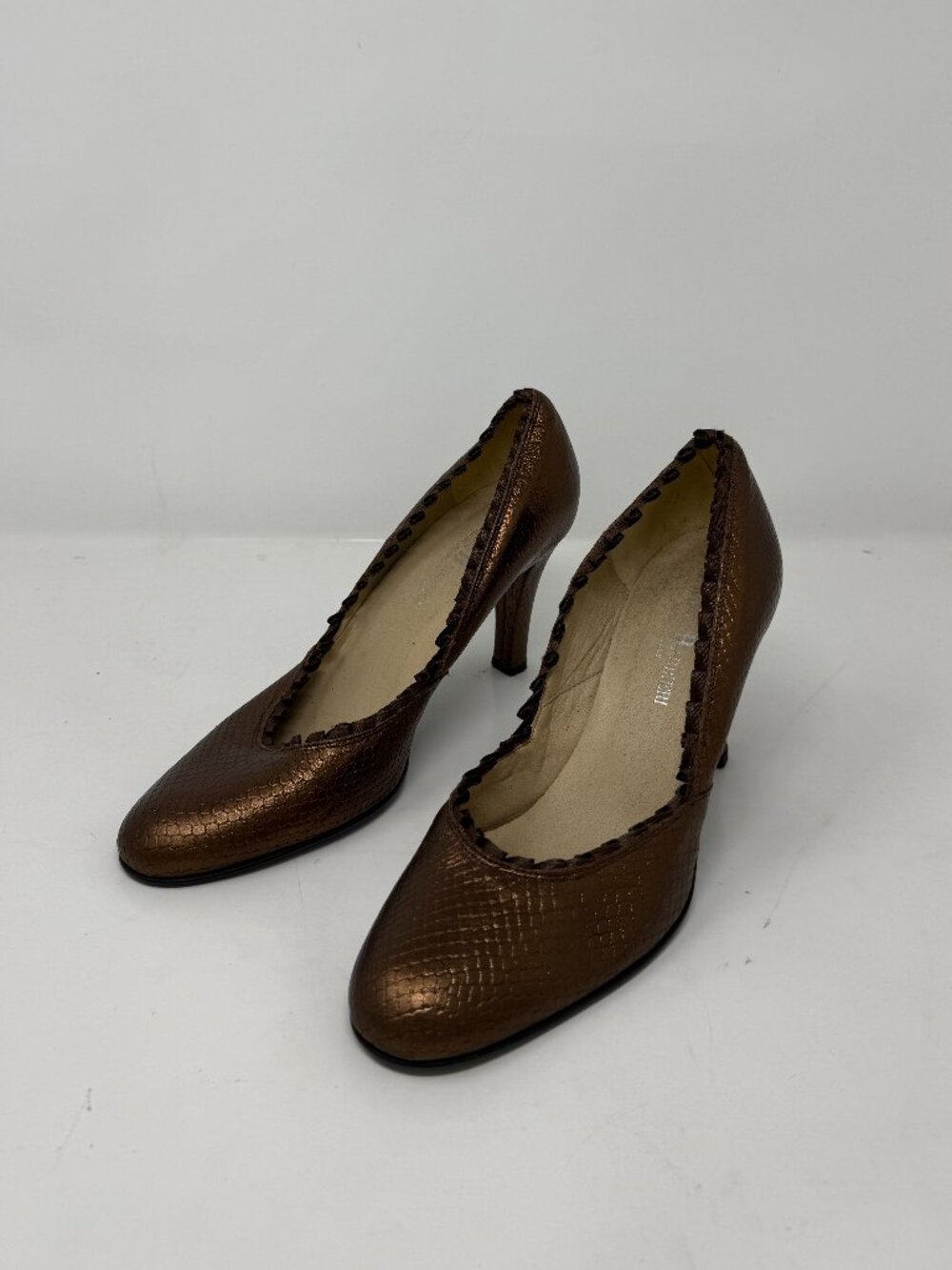 Franco Barbieri Italian Brown Snakeskin Embossed Pumps with Braided Trim Edge